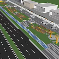 Modern Commercial Landscape With Pedestrian Plaza Trees Yellow Columns And Roadside Greenery