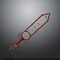 Red Geometric Sword with White Lines Decorative Hilt and Orange Circular Components