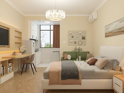 Cozy Modern Apartment Interior With Bed Sofa TV Desk Plants Window Chandelier And Wooden Floor 3d model