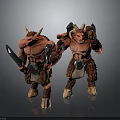 Two Red Horned Fantasy Creatures Holding Weapons With Furry Skins And Muscular Build