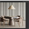 Modern Minimalist Interior With Wooden Table Four Chairs And Woven Shade Lamp 3d model