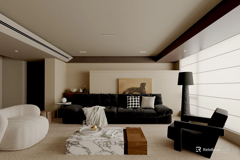 Modern Living Room Interior With Black Sofa White Armchair Marble Coffee Table And Floor Lamp 3d model 