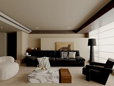 Modern Living Room Interior With Black Sofa White Armchair Marble Coffee Table And Floor Lamp 3d model