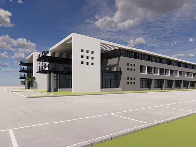Modern Office Building With White Exterior And Square Windows Adjacent To Parking Lot And Lawn 3d model