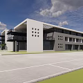 Modern Office Building With White Exterior And Square Windows Adjacent To Parking Lot And Lawn