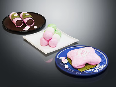 Pink Green Japanese Sweets On Brown White Blue Plates With Petal Patterns Leaf Decoration 3d model