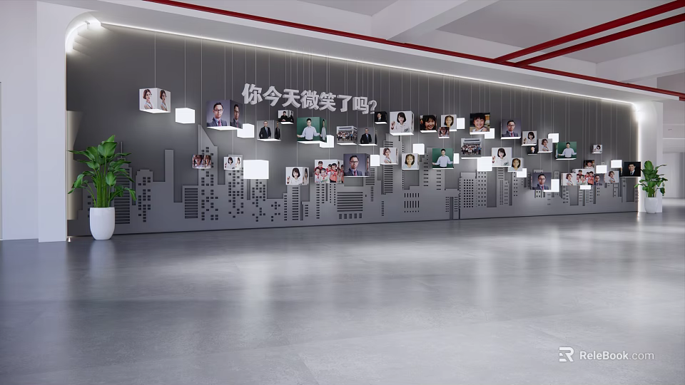 School Interior Featuring Student Photo Wall Smile Slogan And Green Plant 3d model 