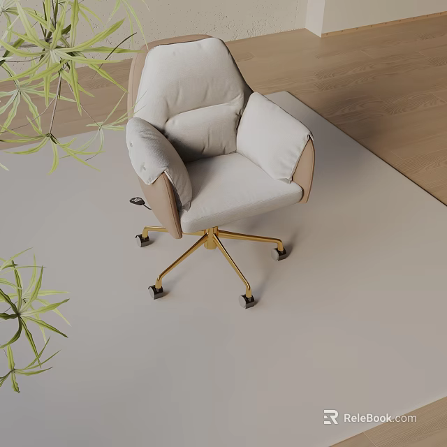Beige Fabric Office Chair with Golden Metal Legs Modern Design and Green Plants 3d model 