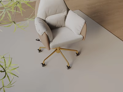 Beige Fabric Office Chair with Golden Metal Legs Modern Design and Green Plants 3d model