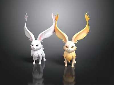 Two White And Yellow Rabbit Like Animals With Large Feathery Ears On Black Background 3d model
