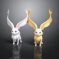 Two White And Yellow Rabbit Like Animals With Large Feathery Ears On Black Background