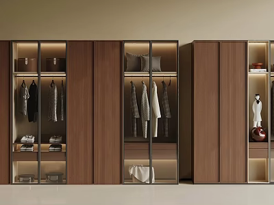Modern Wardrobe Combination Design With Glass Doors Wooden Panels And Internal Storage Solutions 3d model