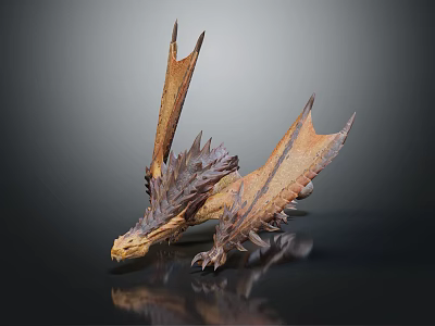Brown Gray Dragon Sculpture With Spiked Wings On Black Reflective Background 3d model