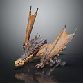 Brown Gray Dragon Sculpture With Spiked Wings On Black Reflective Background