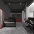 Music Instrument Store Modern Interior With Black Pianos And Wall Mounted Guitar