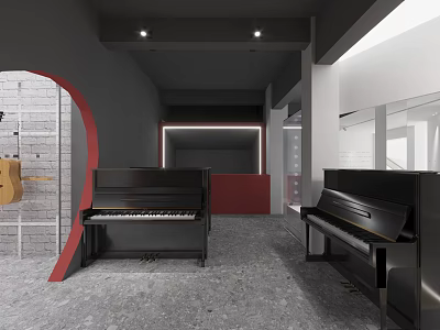 Music Instrument Store Modern Interior With Black Pianos And Wall Mounted Guitar 3d model