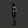 Hooded Character In Blue Outfit With Brown Leather Accents And Spear