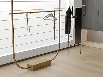 Modern Golden Floor Standing Clothes Rack With Black Coat Umbrella And Empty Hanger 3d model