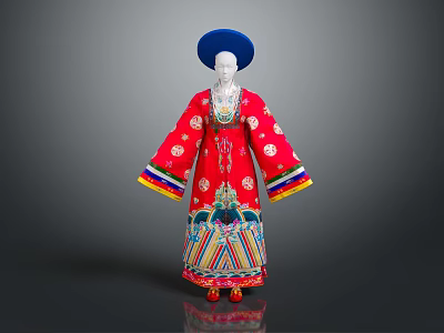 Traditional Red Embroidered Robe Costume With Blue Hat And Colorful Decorative Trim 3d model