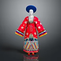Traditional Red Embroidered Robe Costume With Blue Hat And Colorful Decorative Trim