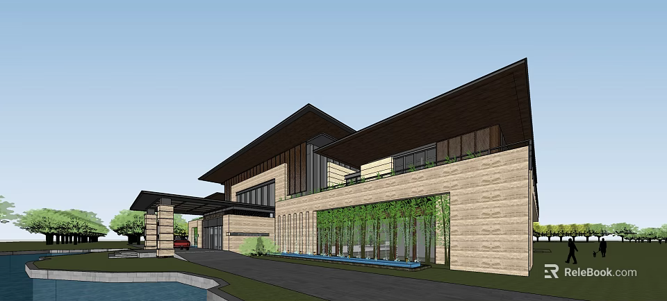 Modern Building Exterior Design With Stone Walls Large Windows Green Plants And Water Feature 3d model