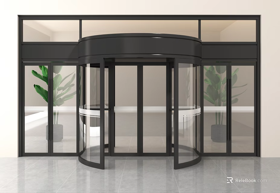 Modern Building Entrance With Black Frame Glass Revolving Door And Green Plants 3d model 