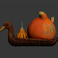 Decorative Ornament Set With Duck Shaped Basket Large Orange Pumpkin And Small Striped Pumpkin
