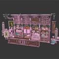 Enchanting Building Interior with Wooden Shelves Colorful Bottles Decorative Banners and Vintage Lamps