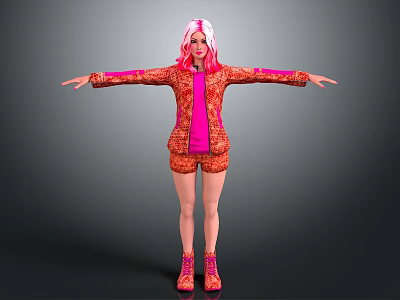 Woman with pink hair posing in orange patterned outfit and pink shoes arms outstretched 3d model