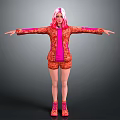 Woman with pink hair posing in orange patterned outfit and pink shoes arms outstretched