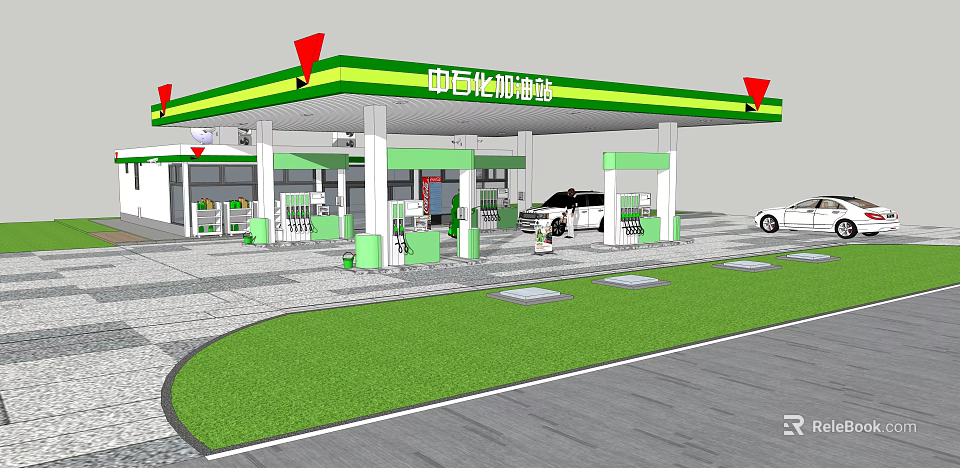 Sinopec Gas Station With Green Yellow Canopy Fuel Pumps And Vehicles On Gray Pavement 3d model 