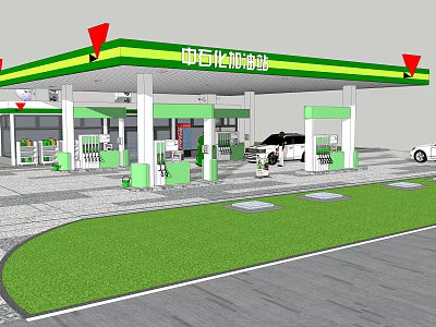 Sinopec Gas Station With Green Yellow Canopy Fuel Pumps And Vehicles On Gray Pavement 3d model