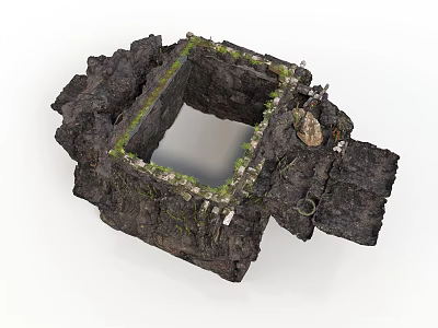 Ancient Square Pit Excavation With Earthen Walls Stone Elements And Vegetation 3d model