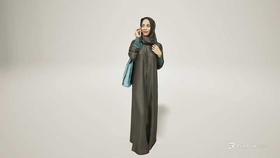 Woman Posing In Dark Abaya With Hijab And Light Blue Bag Against Light Background 3d model 