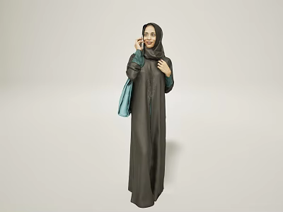 Woman Posing In Dark Abaya With Hijab And Light Blue Bag Against Light Background 3d model