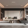 Modern Living Room Interior Design With Beige Sofa Black Cushions And Gray White Panel Wall