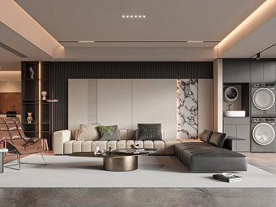 Modern Living Room Interior Design With Beige Sofa Black Cushions And Gray White Panel Wall 3d model