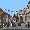 Traditional Modern Commercial Street With Pedestrians Green Plants Storefronts And Stone Paved Path
