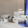 Modern Reception Area Interior With Curved Lines Marble Desk And Blue Columns