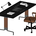Modern Office Desk Featuring Black Lamp Laptop Open Notebook White Cup And Brown Chair