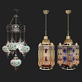 Ornate Decorative Pendant Lights With Colored Glass Shades And Intricate Metal Frames
