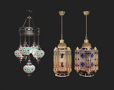 Ornate Decorative Pendant Lights With Colored Glass Shades And Intricate Metal Frames 3d model