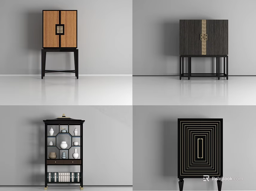 Elegant Modern Console Cabinet And Side Cabinet With Wooden Panel Metal Accent And Glass Door 3d model 