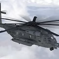 Military Helicopter Flying Through Clouds With Rotating Rotors In Sky