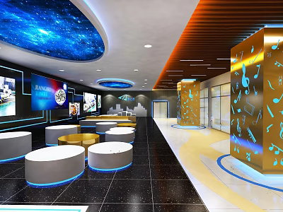 Modern Internet Cafe Interior With Starry Ceiling Wooden Decor And Music Note Pillars 3d model