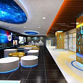 Modern Internet Cafe Interior With Starry Ceiling Wooden Decor And Music Note Pillars