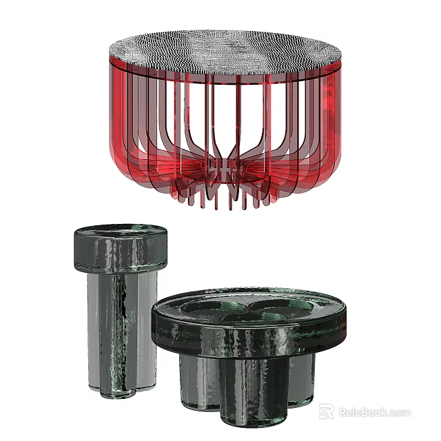 Red Transparent Coffee Table With Metal Cylindrical Base And Hollow Design Elements 3d model