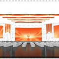 Modern Stage Design With Large LED Screen Orange Lighting Geometric Decorations And Audience Seats