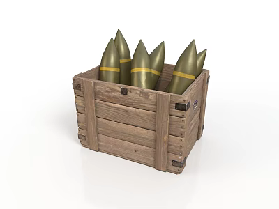 Wooden Crate Holding Green Conical Objects Featuring Yellow Stripes 3d model
