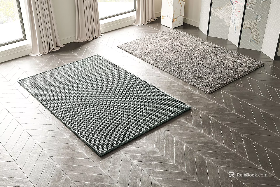 Gray Textured Square Rugs On Herringbone Wood Floor In Modern Interior 3d model 